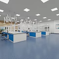 Clean Lab Interior With White Benches Blue Cabinets Stools And Square Lights 3d model