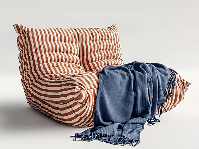Cozy Striped Bean Bag Chair with Soft Blue Blanket for Living Room Relaxation 3d model