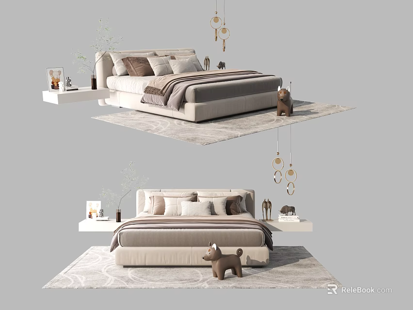Modern Double Bed Interior With Bedside Tables Decorative Pillows and Area Rug 3d model
