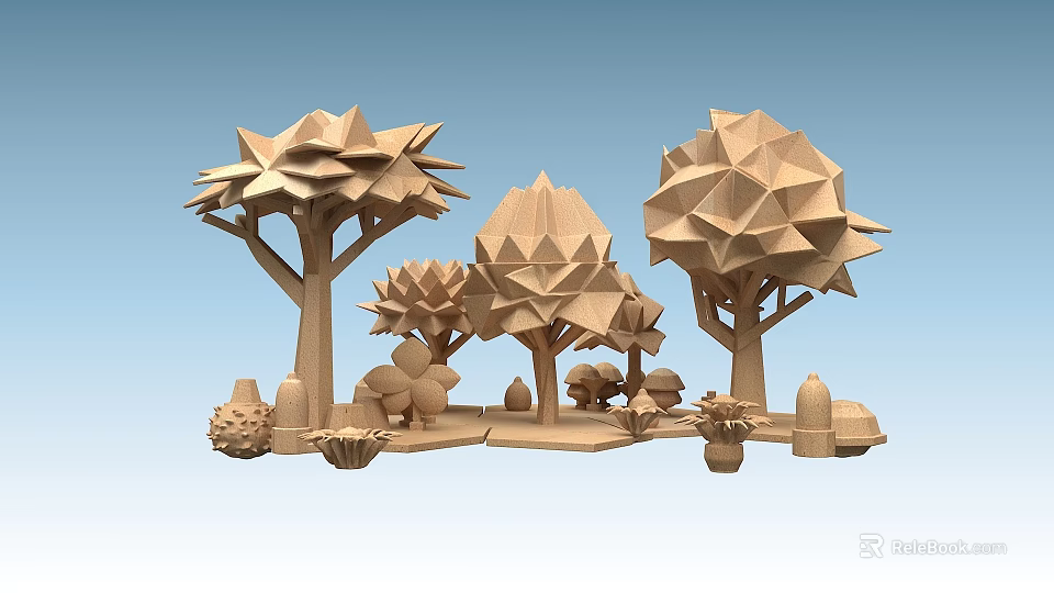 Paper Art Plant Combinations With Geometric Trees Flowers And Decorative Elements 3d model 