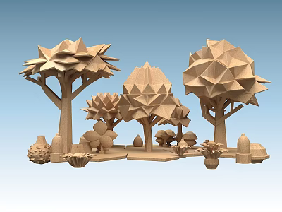 Paper Art Plant Combinations With Geometric Trees Flowers And Decorative Elements 3d model