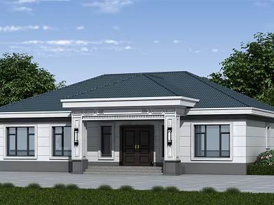 Detached Villa Exterior With White Walls Dark Roof Front Porch And Green Lawn 3d model