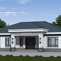 Detached Villa Exterior With White Walls Dark Roof Front Porch And Green Lawn
