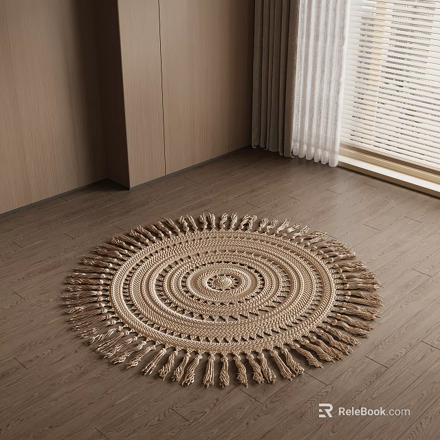 Round Woven Beige Area Rug with Fringe Edges in Modern Living Room on Wooden Floor 3d model 