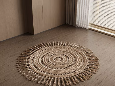 Round Woven Beige Area Rug with Fringe Edges in Modern Living Room on Wooden Floor 3d model