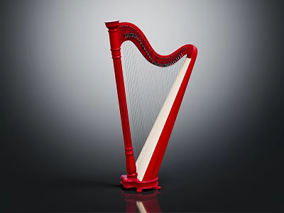 Elegant Red Harp Musical Instrument With Classic Design And Wooden Frame 3d model