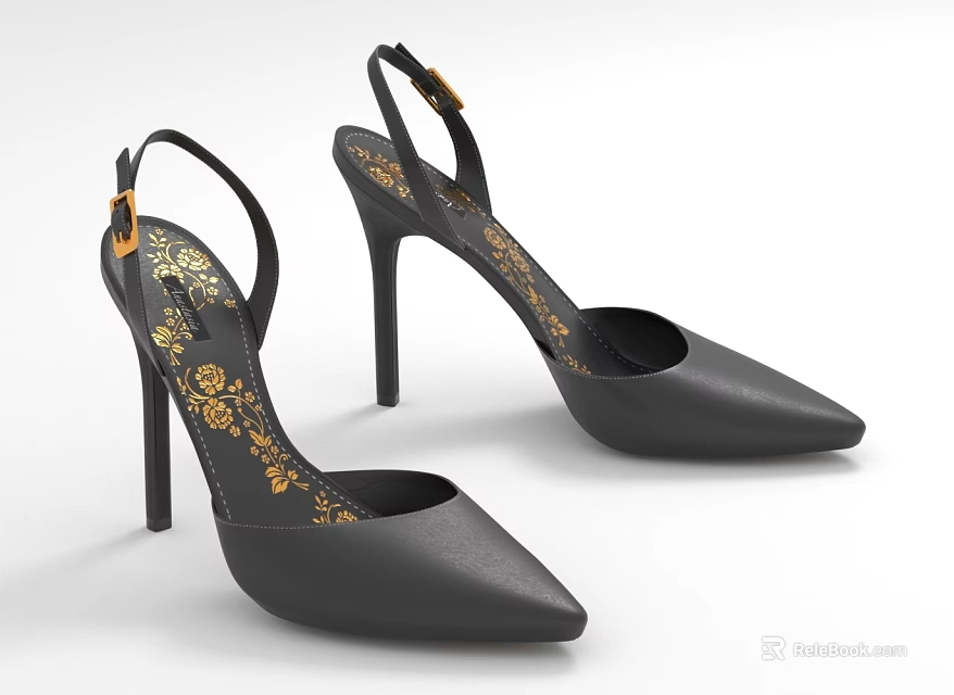 Stylish Black High Heels Featuring Gold Floral Patterns Pointed Toe And Buckle Straps 3d model 