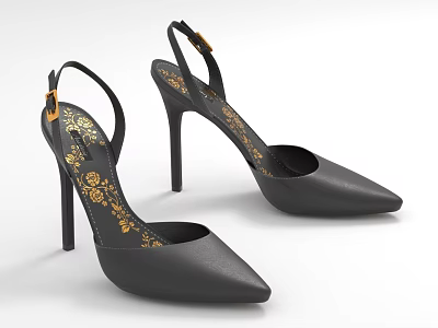 Stylish Black High Heels Featuring Gold Floral Patterns Pointed Toe And Buckle Straps 3d model