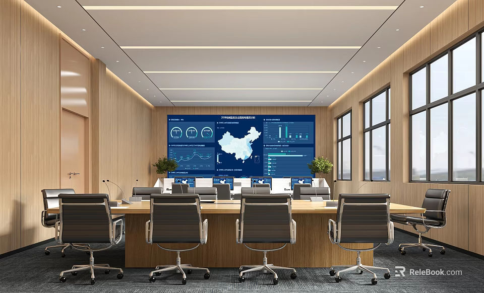 Modern Monitoring Room With Large Data Visualization Screens And Office Chairs 3d model 