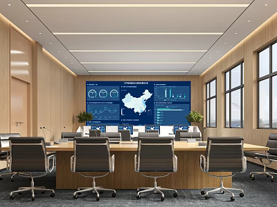 Modern Monitoring Room With Large Data Visualization Screens And Office Chairs 3d model