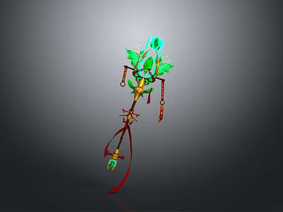 Fantasy Decorative Weapon With Green Gemstones Leaves Red Ribbons And Golden Decorations 3d model