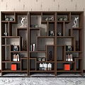 Modern Dark Brown Bookcase with Open Shelves Decorative Items Books Sculptures and Orange Boxes