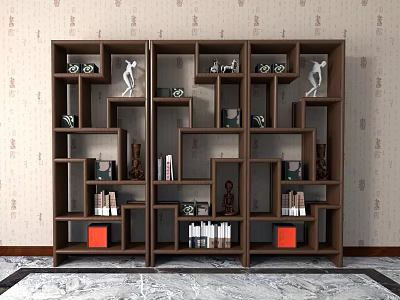 Modern Dark Brown Bookcase with Open Shelves Decorative Items Books Sculptures and Orange Boxes 3d model