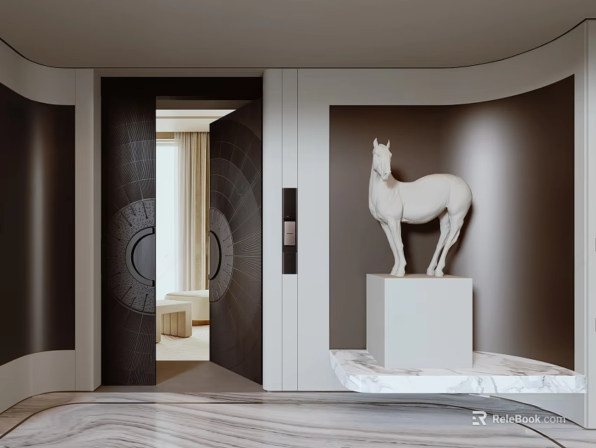 Modern Foyer Hallway With White Horse Sculpture And Dark Walls 3d model 