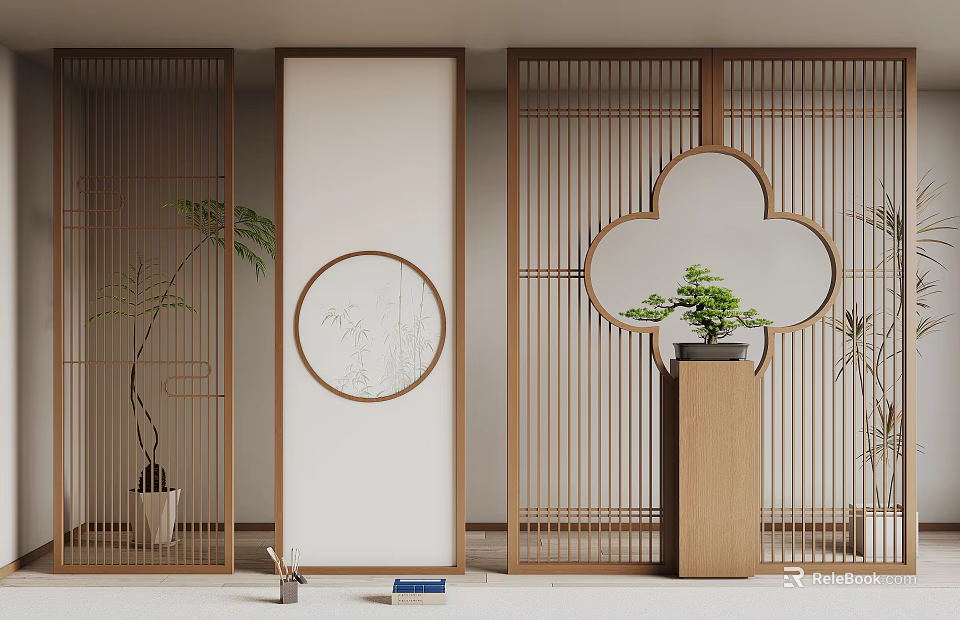 Chinese Style Wooden Room Dividers With Circular And Clover Shaped Patterns And Decorative Plants 3d model 