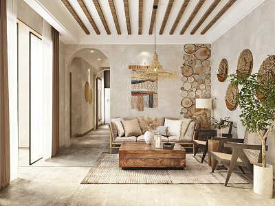 Cozy Bohemian Living Space Featuring Wooden Ceiling Beams Circular Wall Art Sofa And Potted Plant 3d model
