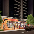 Vibrant Nighttime Commercial Street With Well Lit Shops Pedestrians Cars And Trees