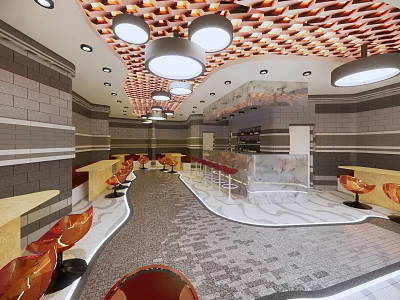 Stylish Bar Interior Design With Orange Hexagonal Ceiling Round Pendant Lights And Orange Chairs 3d model