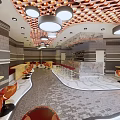 Stylish Bar Interior Design With Orange Hexagonal Ceiling Round Pendant Lights And Orange Chairs 3d model