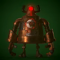 Bronze Robot Character With Red Eyes Mechanical Body And Rusty Metal Parts