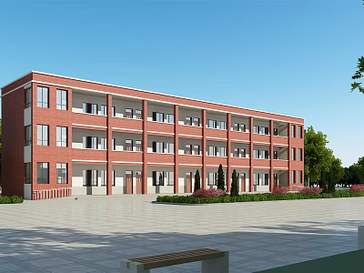Red Brick Multi Story School Building With Windows Balconies Front Square And Green Trees 3d model