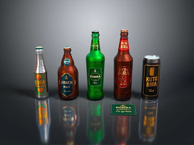 Assorted Colorful Beer Bottles And Can With Different Labels On Display Table 3d model