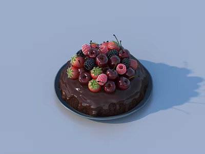Delicious Chocolate Cake Topped With Fresh Strawberries Cherries And Berries On Dark Plate 3d model