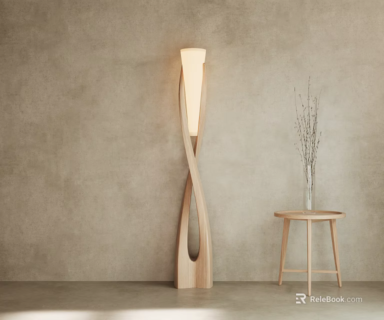 Wooden Floor Lamp Curved Design In Interior With Beige Wall Small Table Vase And Branches 3d model 