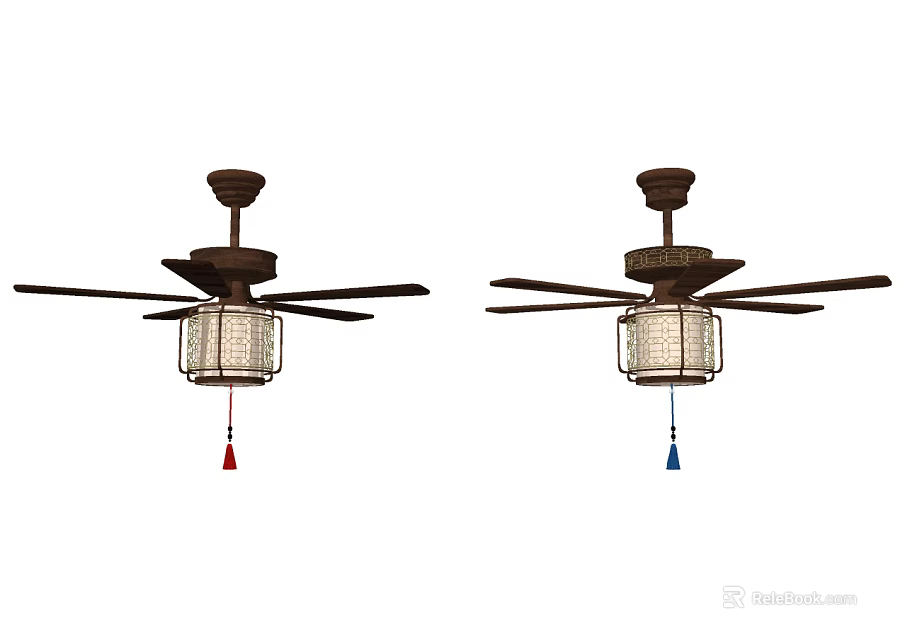 Stylish Ceiling Fan With Light And Decorative Red Blue Tassel For Home Decor 3d model 