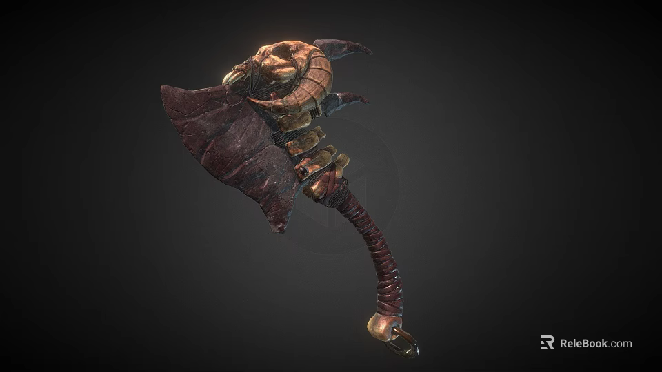 Mythic Fantasy Weapon Double Bladed Axe With Bone Metal Structure And Leather Handle 3d model 