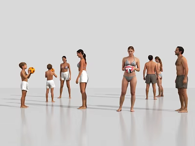 Group of People in Swimwear Standing and Holding Volleyballs Ready to Play 3d model