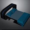 Modern Bed Design With Black Headboard Blue Lines Blue Mattress And Pillows