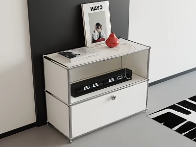 Modern Minimalist White Entryway Side Cabinet With Sleek Metal Frame And Multiple Practical Storage Spaces 3d model