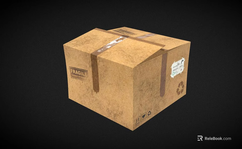 Brown Cardboard Box With Cross Tape Wrapped Fragile Label And Recycling Symbol 3d model 