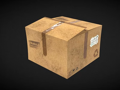 Brown Cardboard Box With Cross Tape Wrapped Fragile Label And Recycling Symbol 3d model