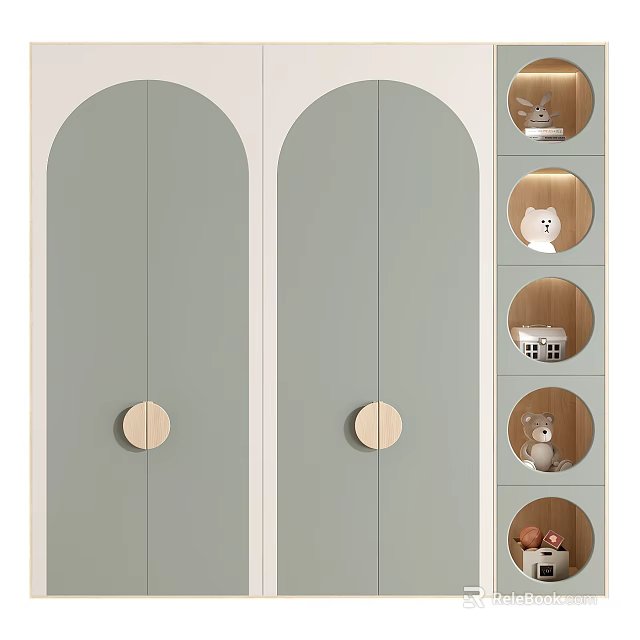 Modern Light Green Wardrobe Arched Doors With Round Knobs And Circular Shelves With Stuffed Toys 3d model 
