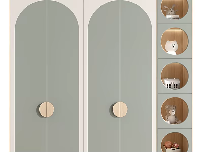 Modern Light Green Wardrobe Arched Doors With Round Knobs And Circular Shelves With Stuffed Toys 3d model