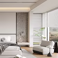Modern Bedroom Interior With Bed Pillows Blanket Decorative Painting Window Blinds And Accent Chair