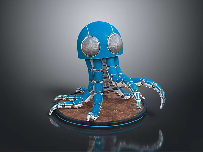 Blue Octopus Robot Game Character With Round Eyes Mechanical Tentacles And Brown Base 3d model