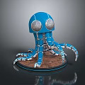 Blue Octopus Robot Game Character With Round Eyes Mechanical Tentacles And Brown Base