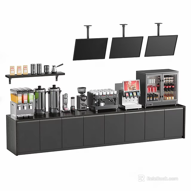 Modern Multi functional Workstation Desk With Three Monitors Coffee Machine And Storage Cabinets 3d model 