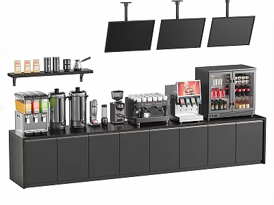 Modern Multi functional Workstation Desk With Three Monitors Coffee Machine And Storage Cabinets 3d model