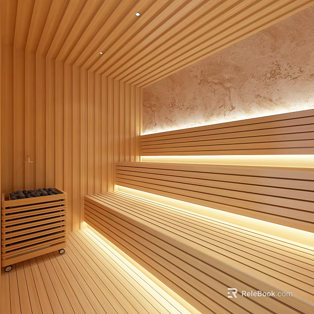 Cozy Wooden SPA Sauna Room With Benches And Warm Lighting 3d model 