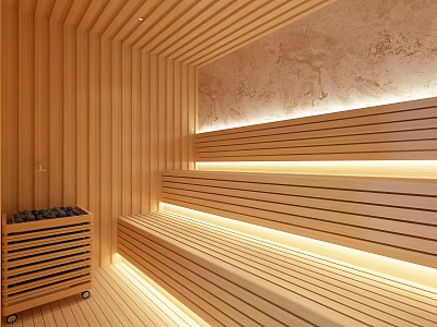 Cozy Wooden SPA Sauna Room With Benches And Warm Lighting 3d model