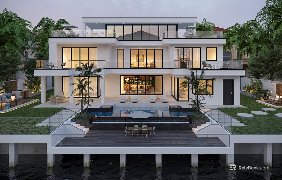 Modern Luxury Detached Villa With Floor to Ceiling Windows Swimming Pool And Waterfront Palm Trees 3d model 