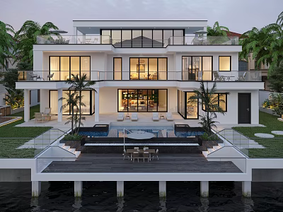 Modern Luxury Detached Villa With Floor to Ceiling Windows Swimming Pool And Waterfront Palm Trees 3d model