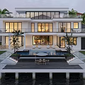 Modern Luxury Detached Villa With Floor to Ceiling Windows Swimming Pool And Waterfront Palm Trees