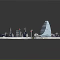 Modern Amusement Rides in Theme Park Layout with Tower Structures Circular Buildings and Green Areas
