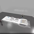 Empty white room gray floor long display stand with items two people nearby