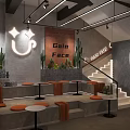 Modern Cafe Interior With Wooden Counter Orange Stools And Pendant Lights